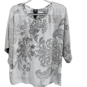 Chico's Travelers Lightweight Sheer Neutral Floral Paisley Blouse Boxy Top Sz. 2